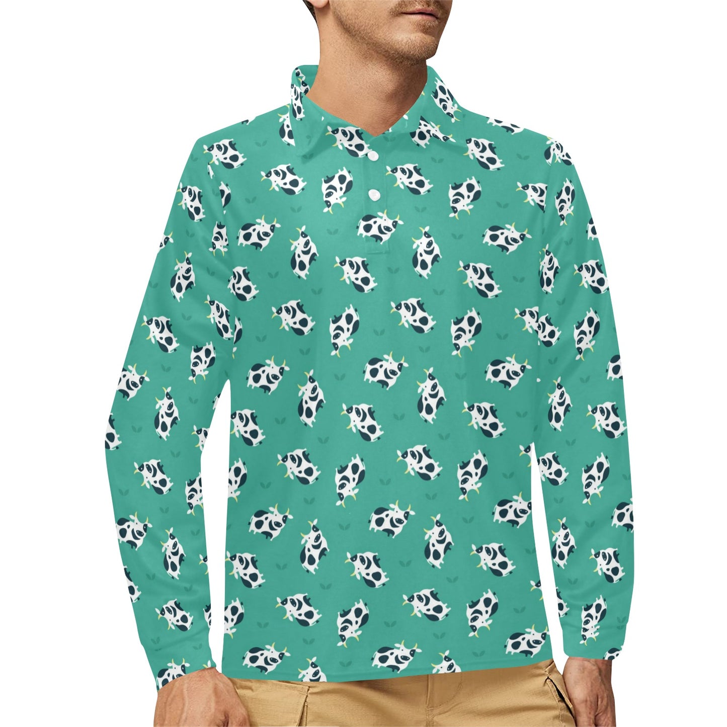 Cow Pattern Print Design 03 Long Sleeve Polo Shirt For Men's