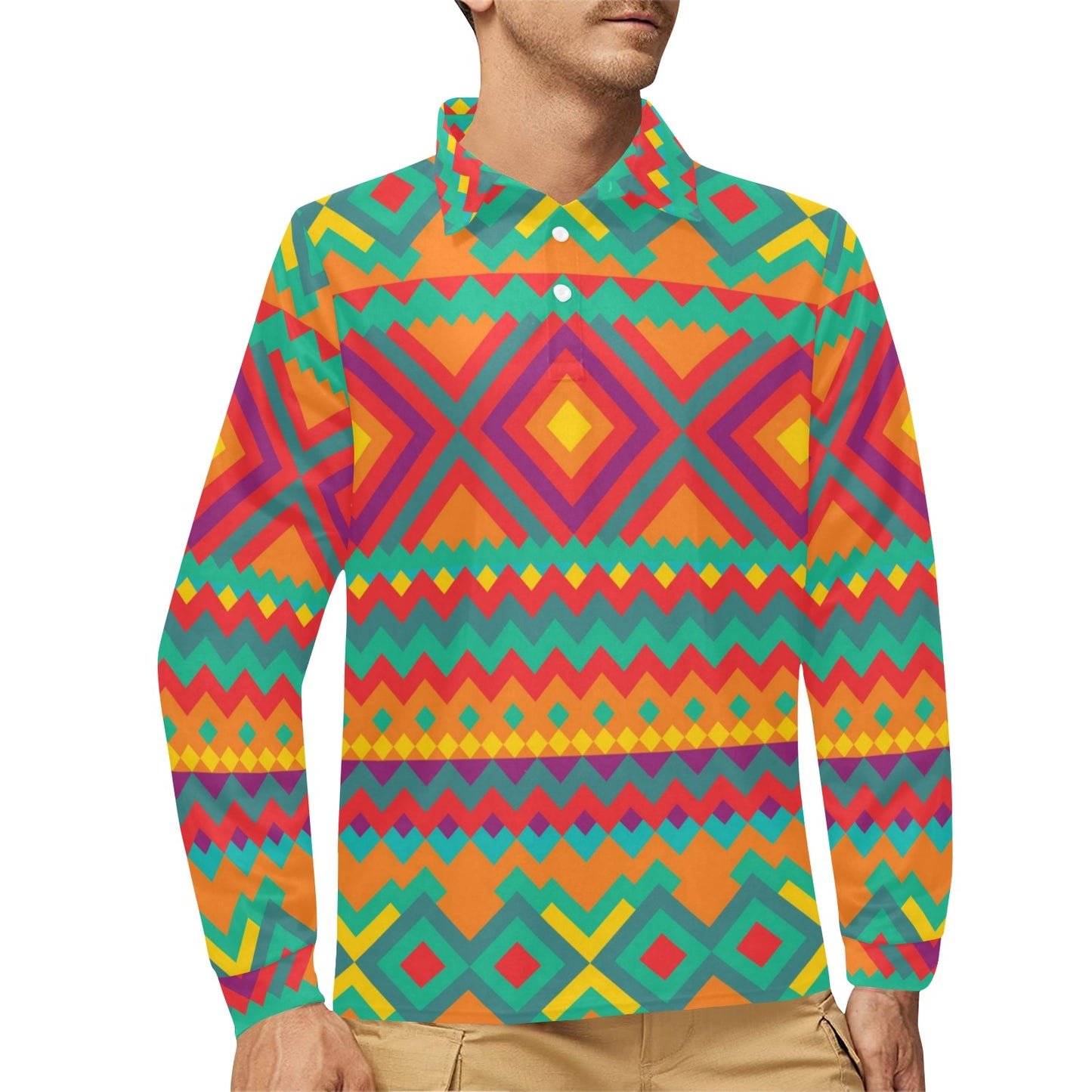 Mexican Pattern Print Design 04 Long Sleeve Polo Shirt For Men's