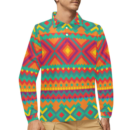 Mexican Pattern Print Design 04 Long Sleeve Polo Shirt For Men's