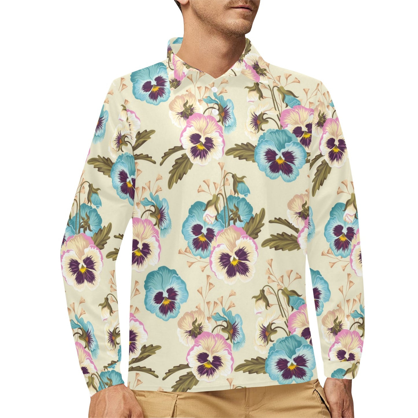 Pansy Pattern Print Design A02 Long Sleeve Polo Shirt For Men's