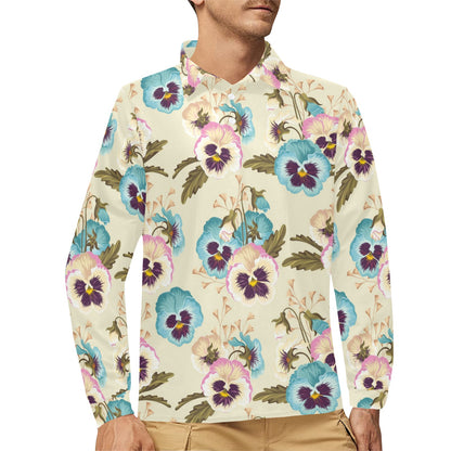 Pansy Pattern Print Design A02 Long Sleeve Polo Shirt For Men's