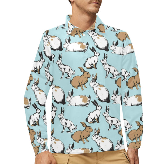 Rabbit Pattern Print Design RB018 Long Sleeve Polo Shirt For Men's