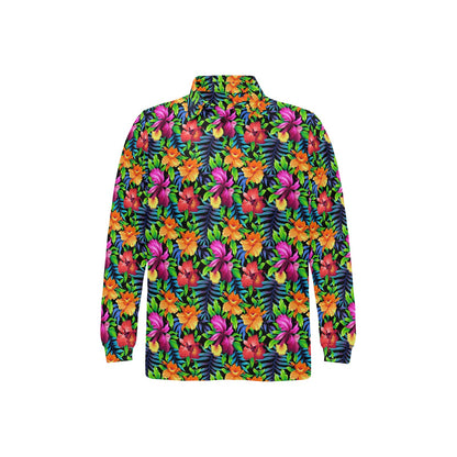Tropical Folower Colorful Print Long Sleeve Polo Shirt For Men's