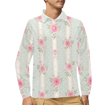 Rose Pattern Print Design RO016 Long Sleeve Polo Shirt For Men's