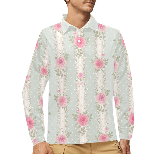 Rose Pattern Print Design RO016 Long Sleeve Polo Shirt For Men's