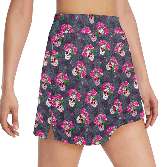 Sugar Skull Pink Rose Themed Print 17" Golf & Pickleball Skort with Pockets