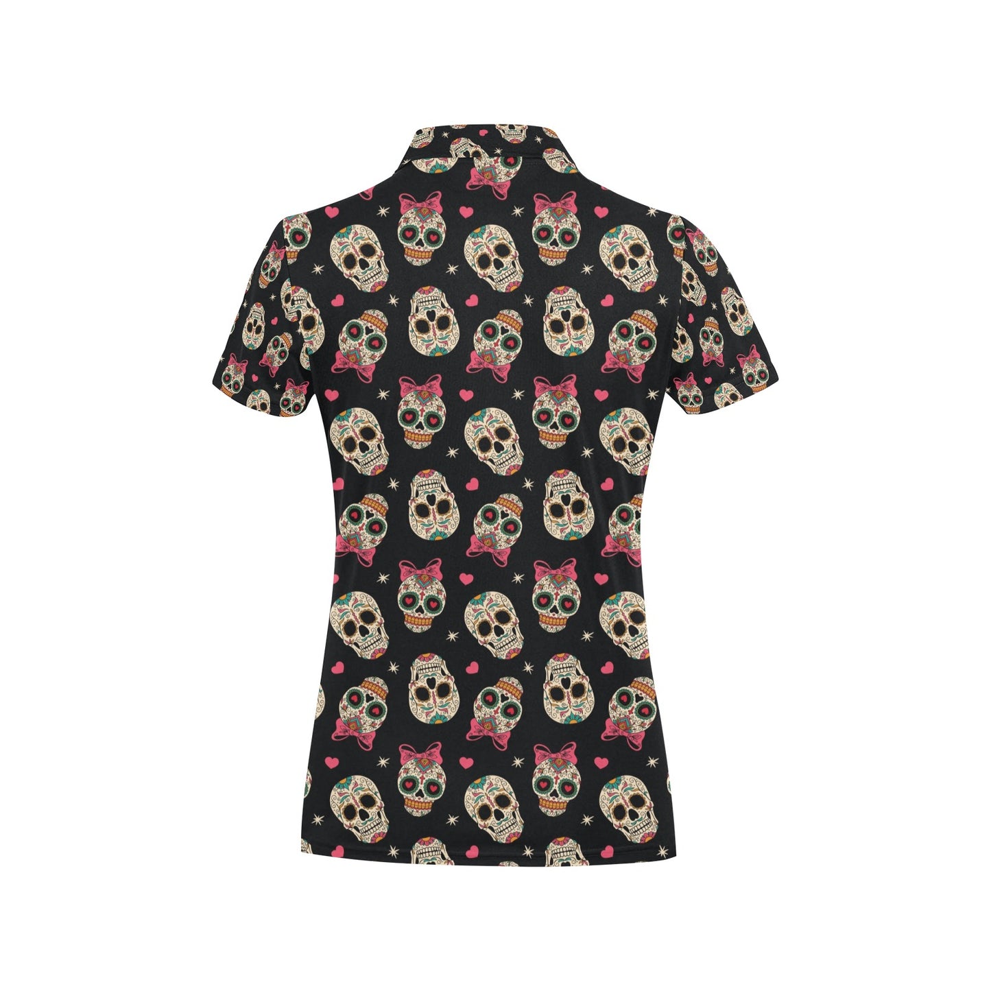 Sugar Skull Pink Bow Themed Print Women's Polo Shirt