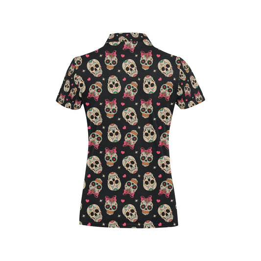 Sugar Skull Pink Bow Themed Print Women's Polo Shirt
