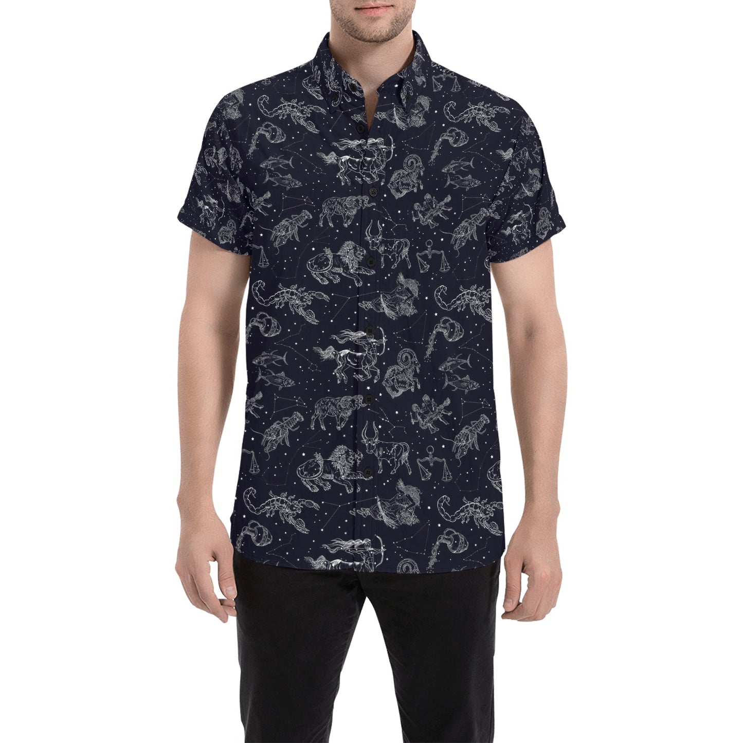 Zodiac Print Design LKS304 Men Short Sleeve Button Up Shirt