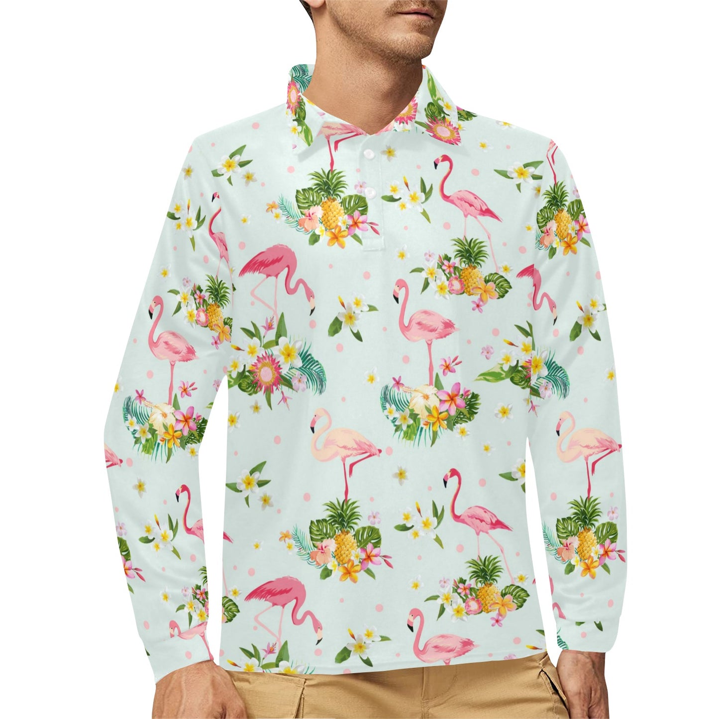 Flamingo Sweet Pattern Long Sleeve Polo Shirt For Men's