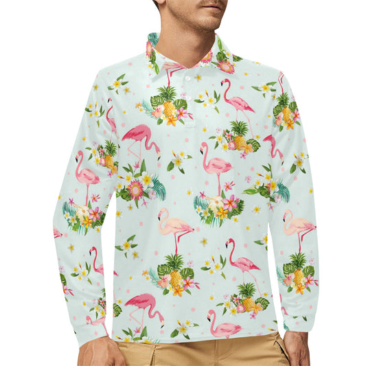 Flamingo Sweet Pattern Long Sleeve Polo Shirt For Men's