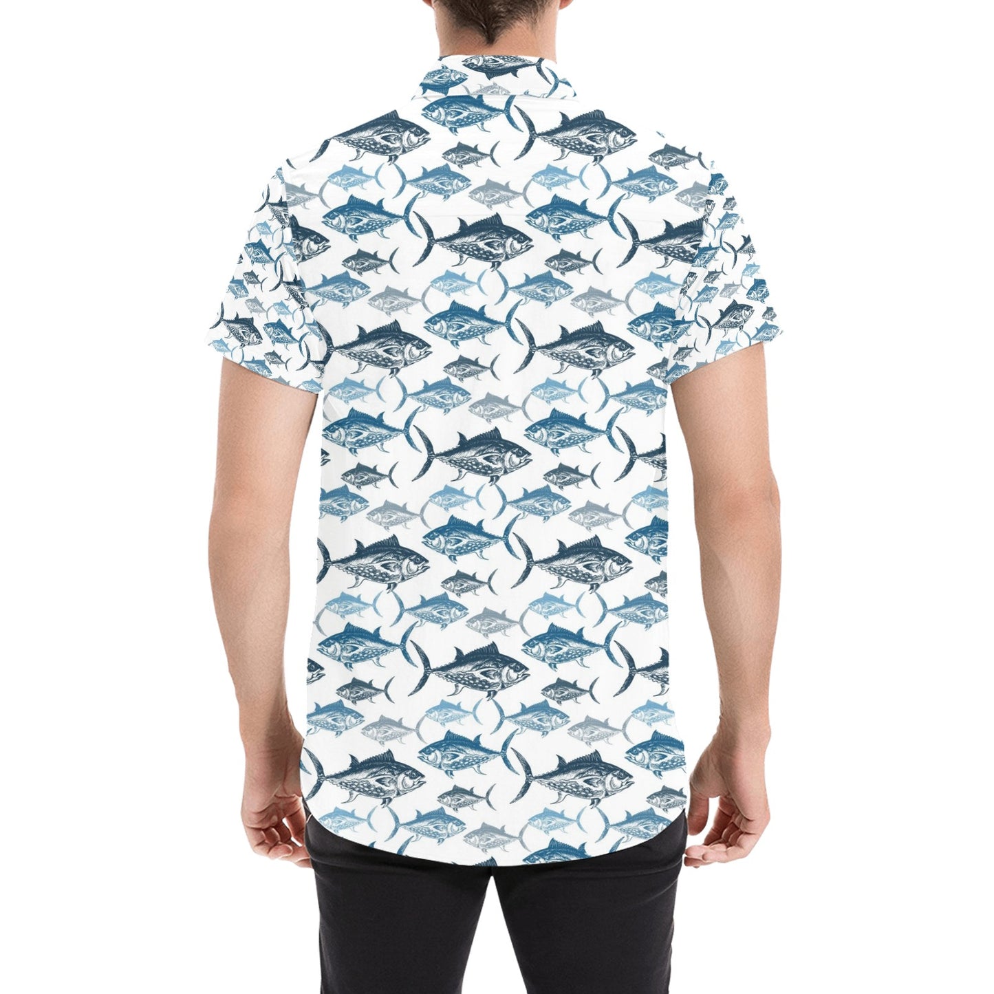 Tuna Fish Print Design LKS303 Men Short Sleeve Button Up Shirt