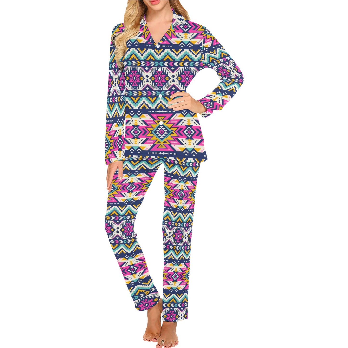 Aztec Pink Geometric Print Pattern Women's Long Pajama Set