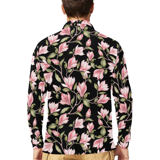 Magnolia Pattern Print Design MAG03 Long Sleeve Polo Shirt For Men's