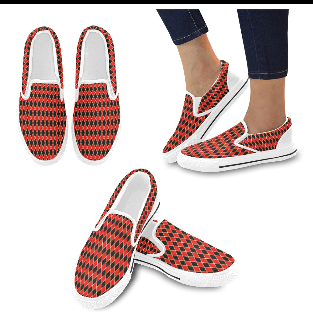 Harlequin Print Design LKS401 White Slip Ons Canvas Women's Shoes