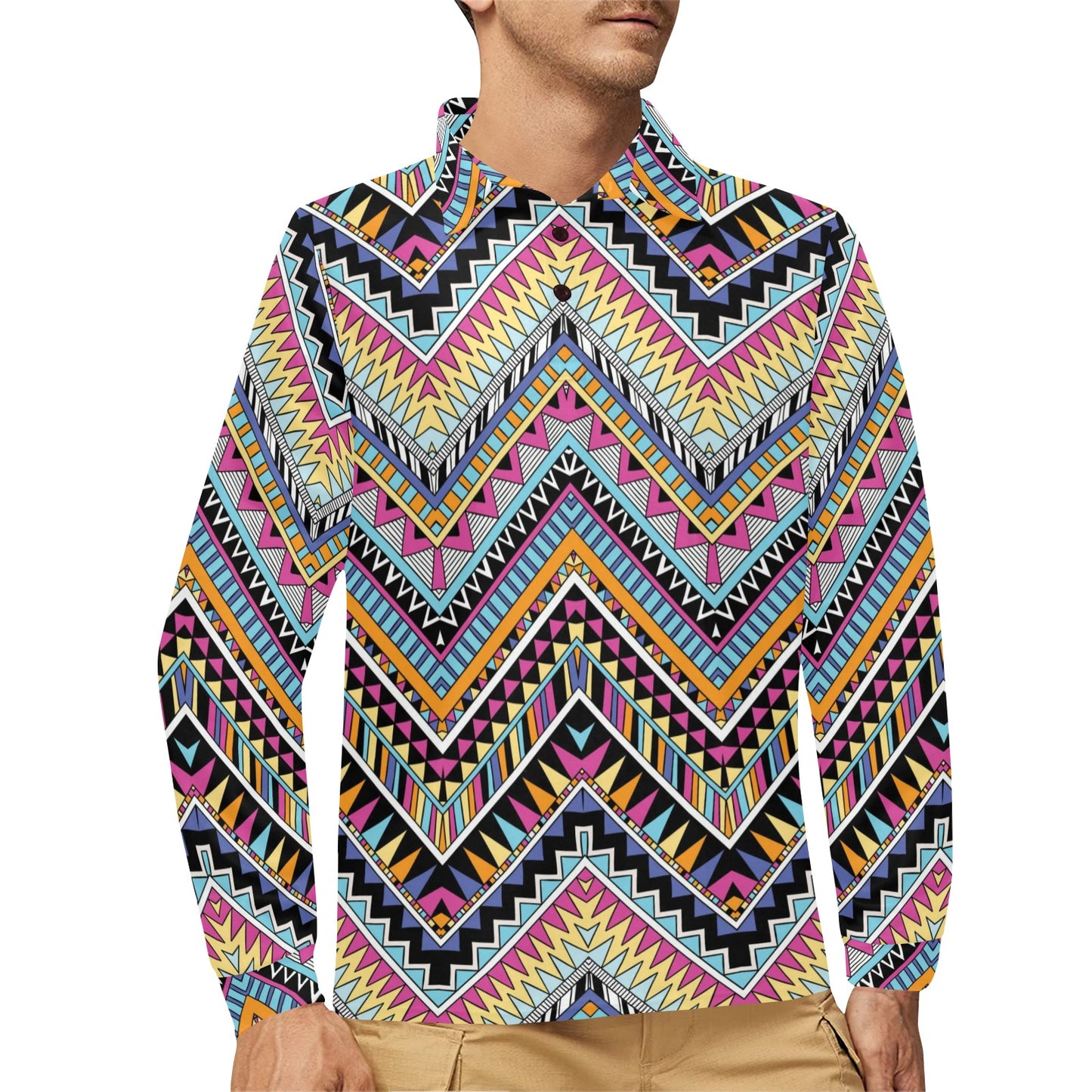 Multicolor zigzag Tribal Aztec Long Sleeve Polo Shirt For Men's