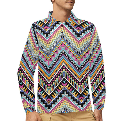Multicolor zigzag Tribal Aztec Long Sleeve Polo Shirt For Men's