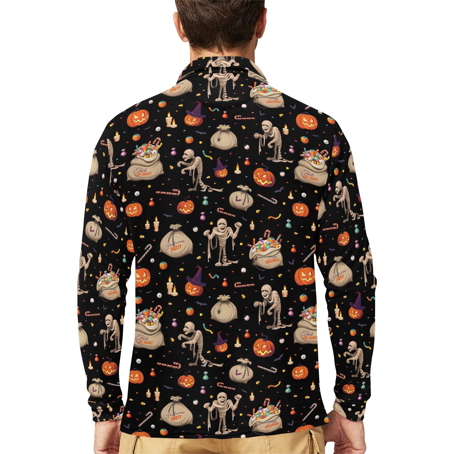 Mummy Halloween Print Design LKS303 Long Sleeve Polo Shirt For Men's