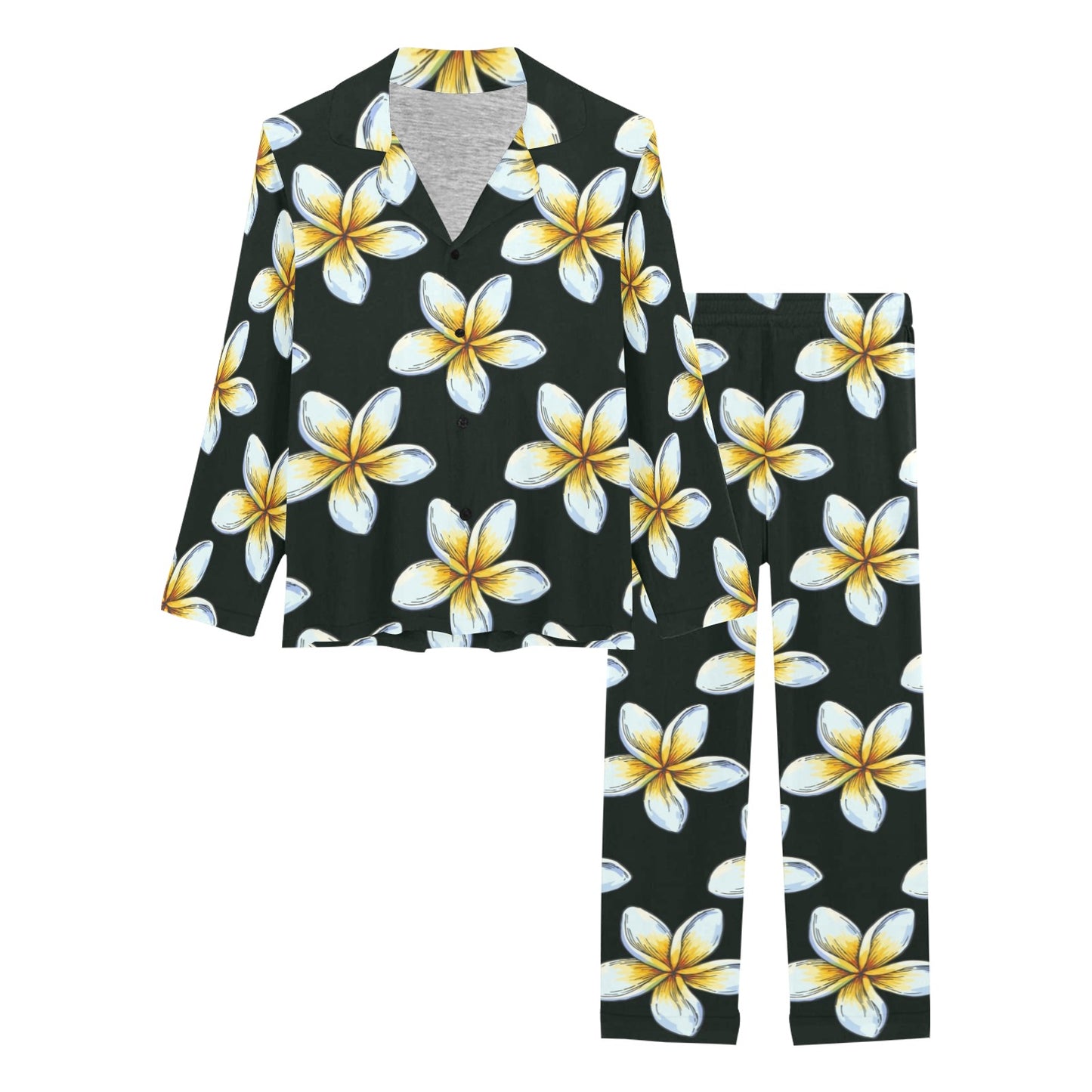 White Plumeria Pattern Print Design PM022 Women's Long Pajama Set