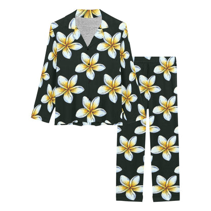White Plumeria Pattern Print Design PM022 Women's Long Pajama Set