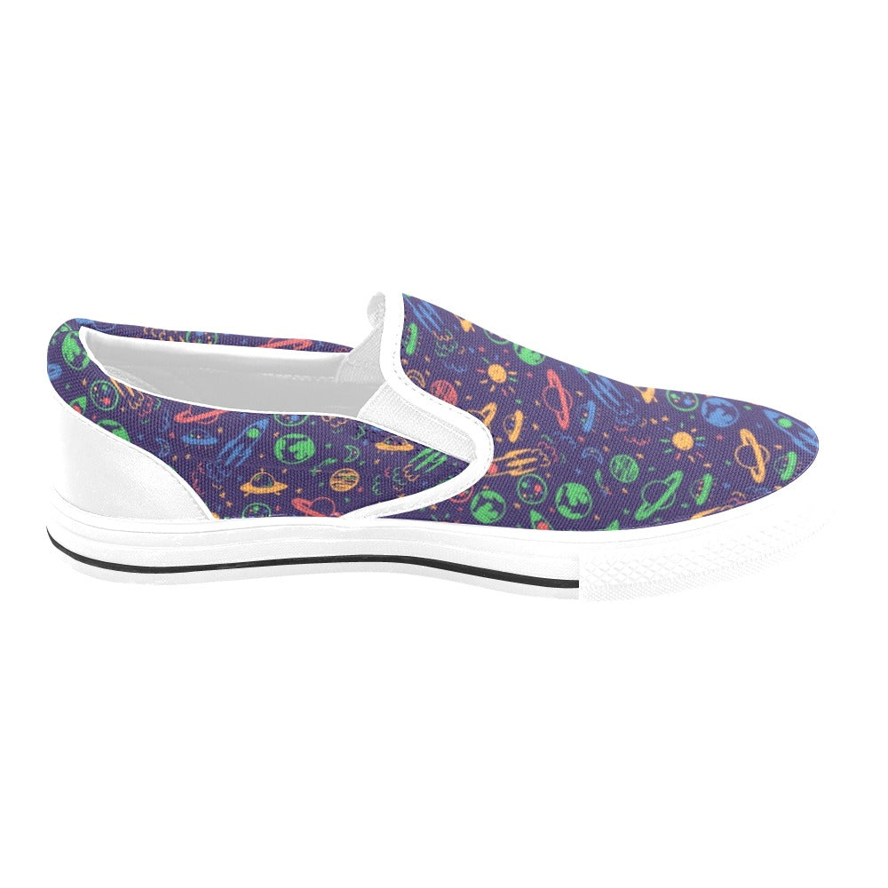 UFO Space Rocket Print Design LKS302 White Slip Ons Canvas Women's Shoes