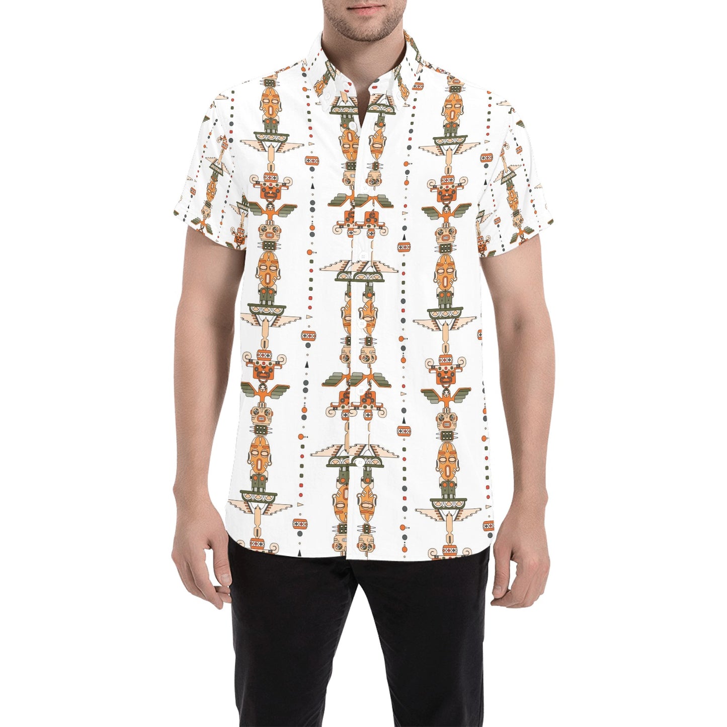 Totem Print Design LKS302 Men Short Sleeve Button Up Shirt