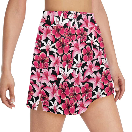 Flower Hawaiian Pink Red Hibiscus Print 17" Golf & Pickleball Skort with Pockets