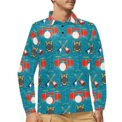 Drum Set Guitar Pattern Print Design 02 Long Sleeve Polo Shirt For Men's