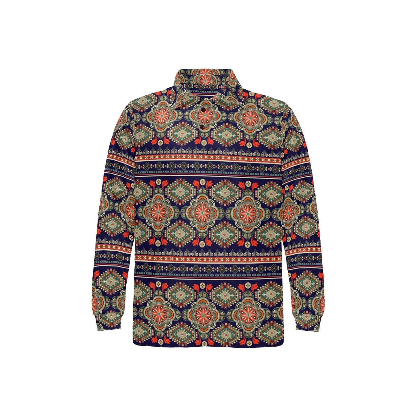 Ethnic Geometric Print Pattern Long Sleeve Polo Shirt For Men's