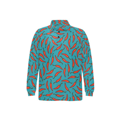 Chilli Pepper Pattern Print Design 05 Long Sleeve Polo Shirt For Men's