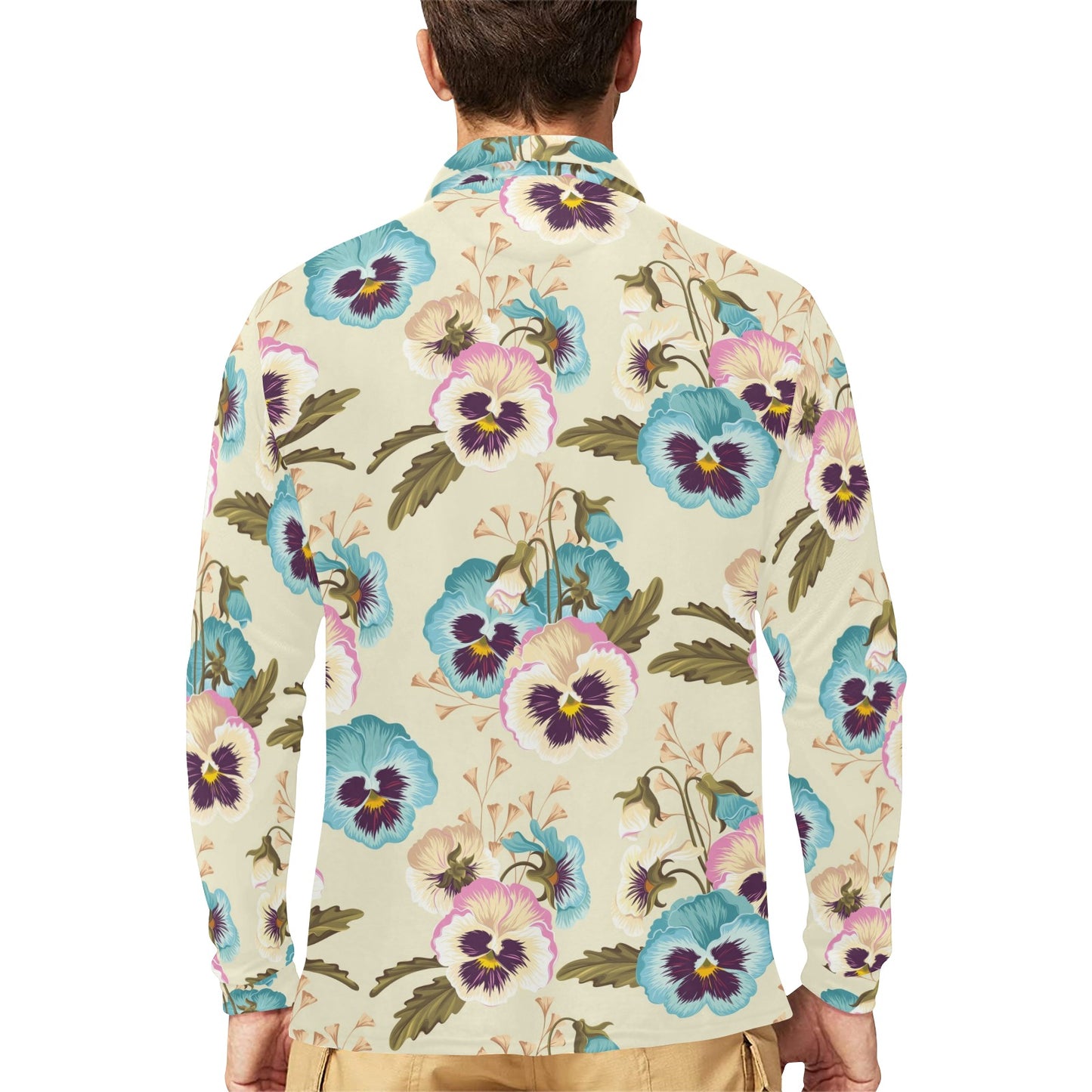Pansy Pattern Print Design A02 Long Sleeve Polo Shirt For Men's