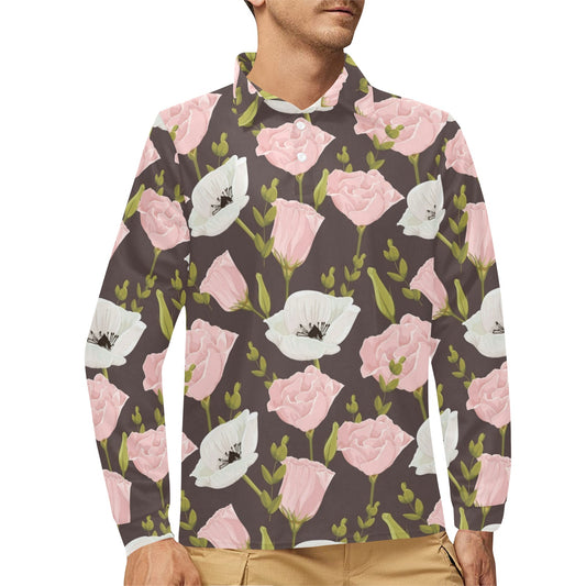 Anemone Pattern Print Design AM011 Long Sleeve Polo Shirt For Men's