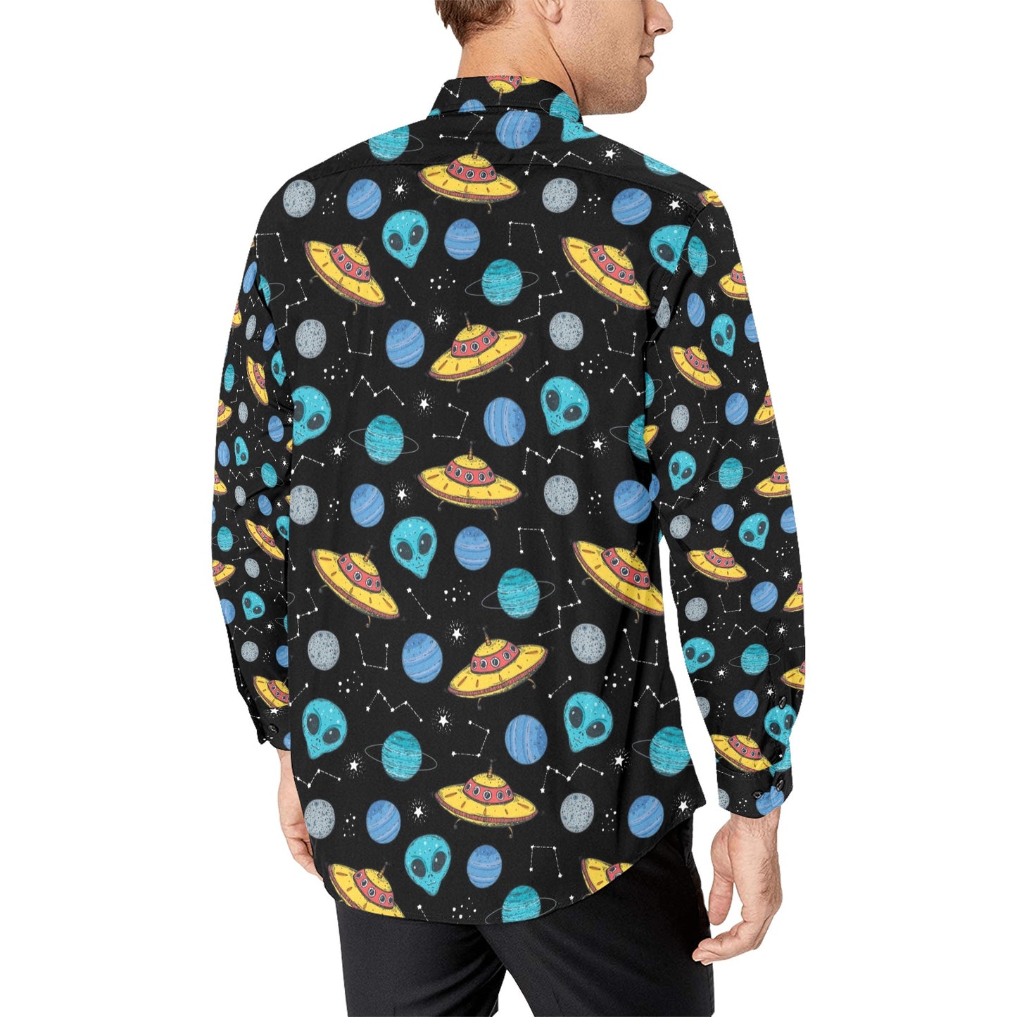 UFO Alien Print Design LKS306 Men's Long Sleeve Dress Shirt