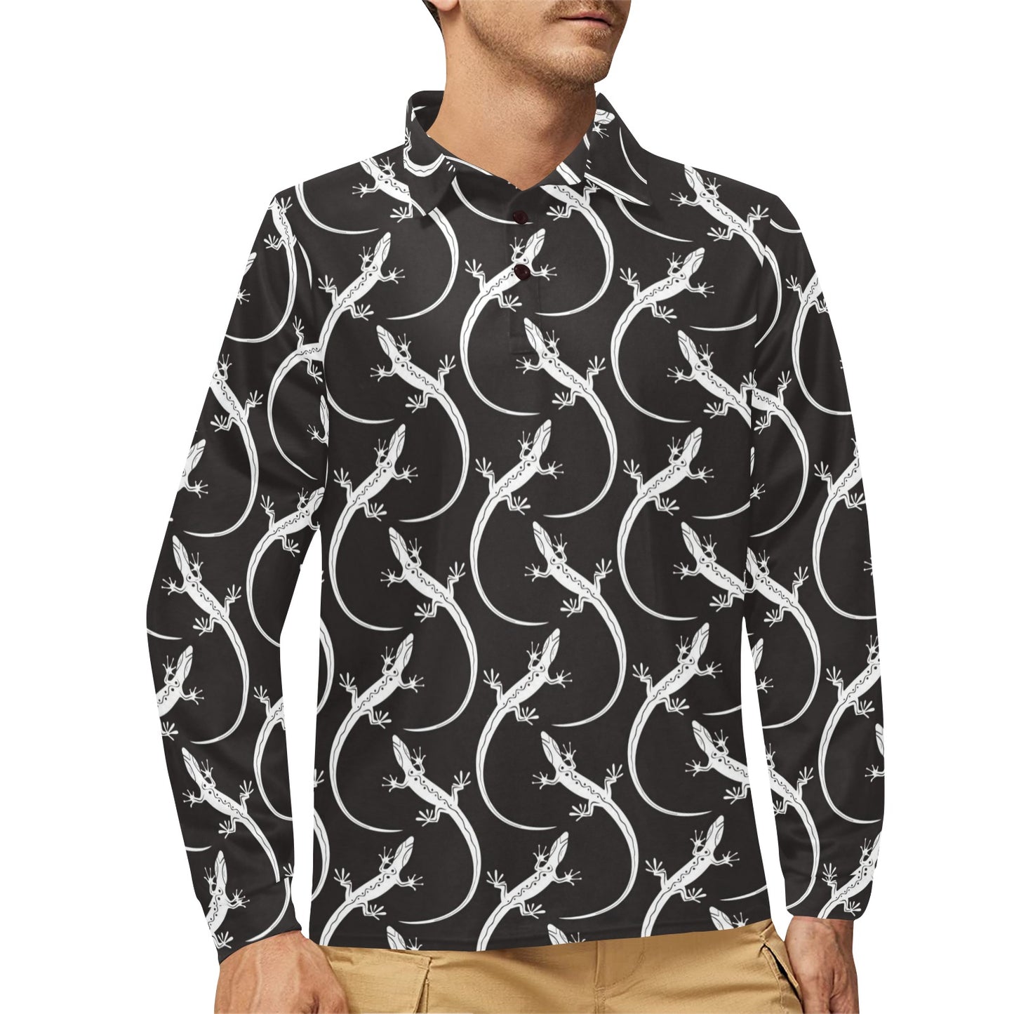 lizard Pattern Print Design 01 Long Sleeve Polo Shirt For Men's