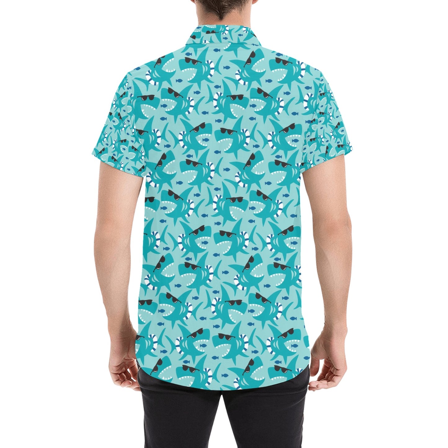 Shark Cute Print Design LKS302 Men Short Sleeve Button Up Shirt