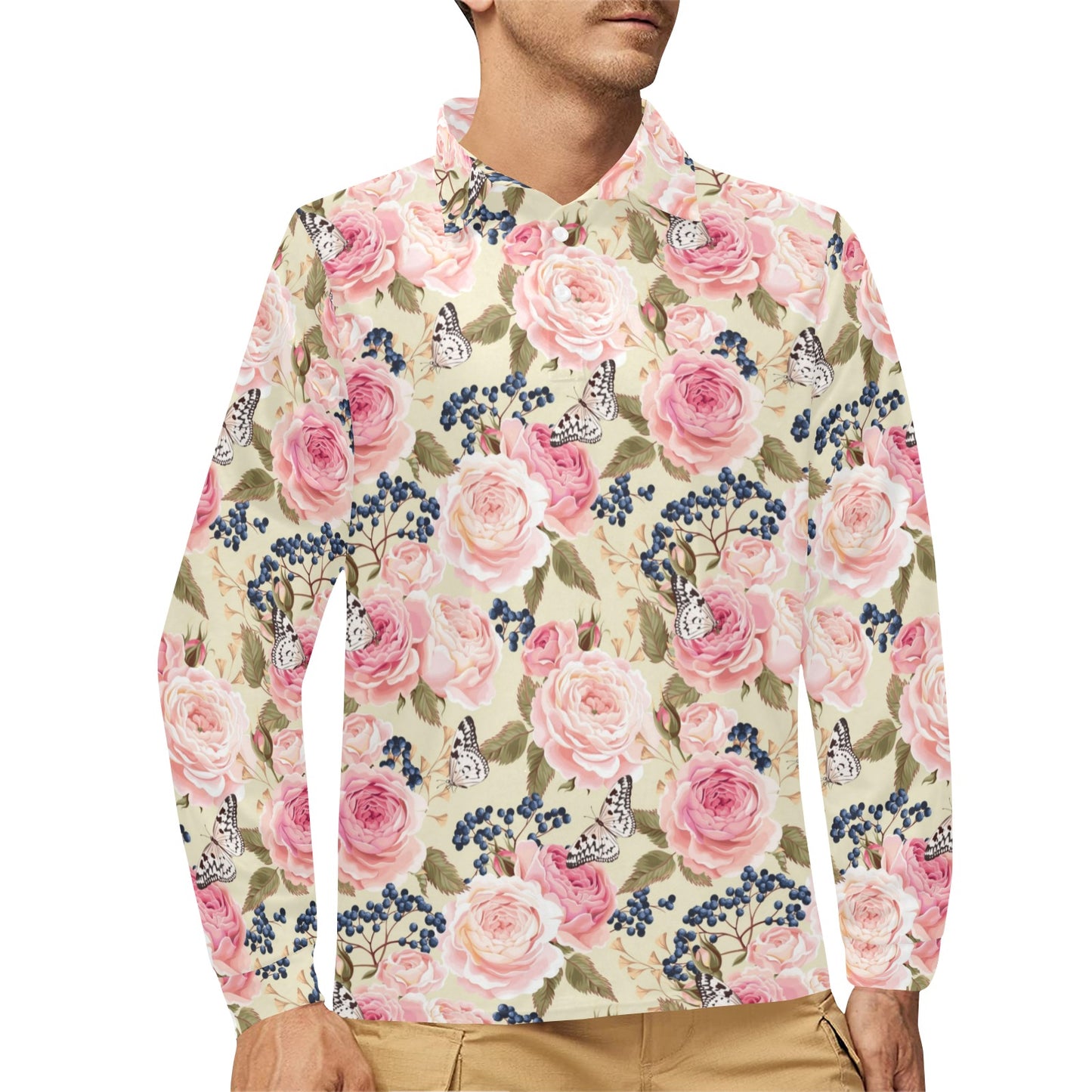 Floral Pink Butterfly Print Long Sleeve Polo Shirt For Men's