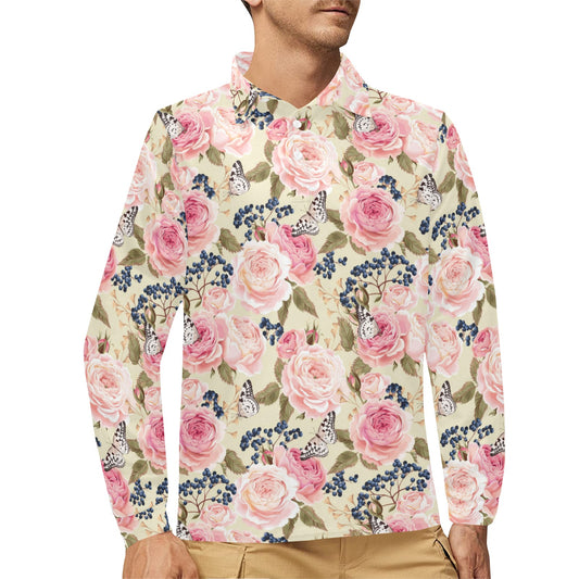 Floral Pink Butterfly Print Long Sleeve Polo Shirt For Men's