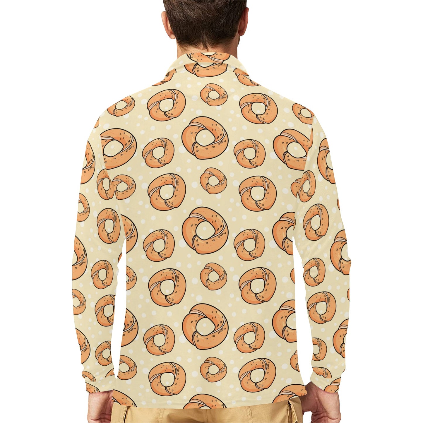 Bagel Pattern Print Design 03 Long Sleeve Polo Shirt For Men's
