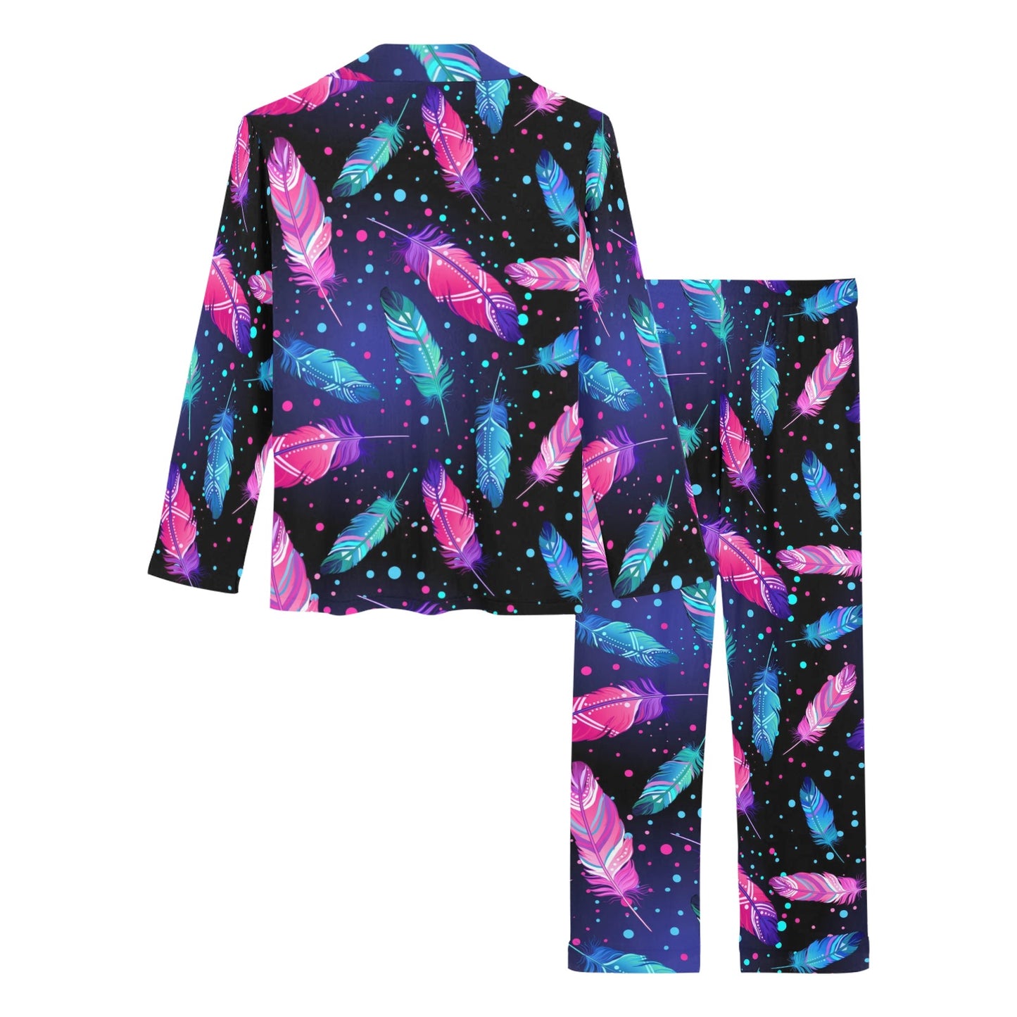 Feather Colorful Boho Design Print Women's Long Pajama Set