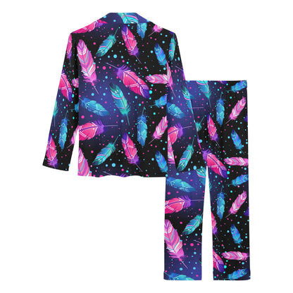 Feather Colorful Boho Design Print Women's Long Pajama Set