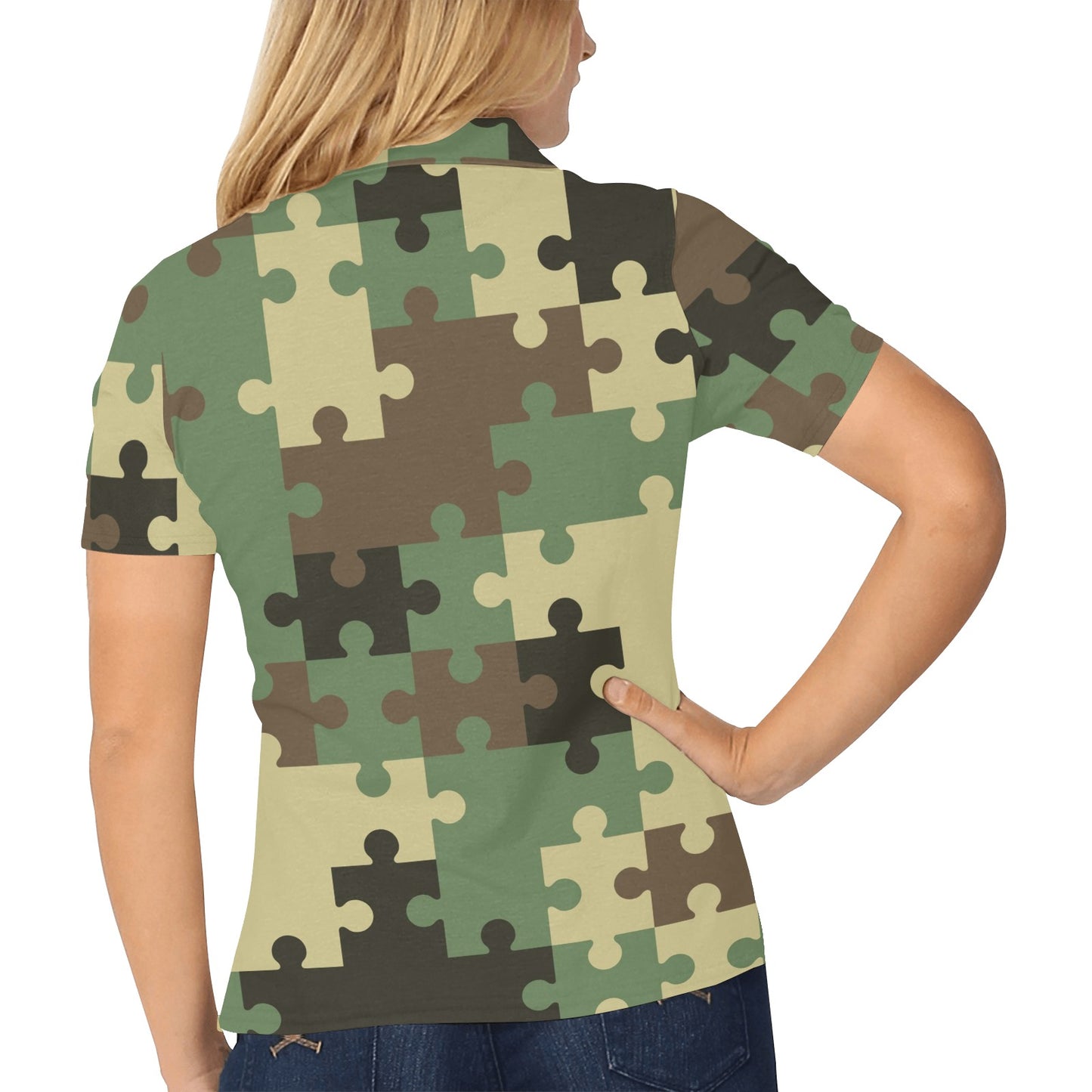Puzzle Camo Pattern Print Design A03 Women's Polo Shirt