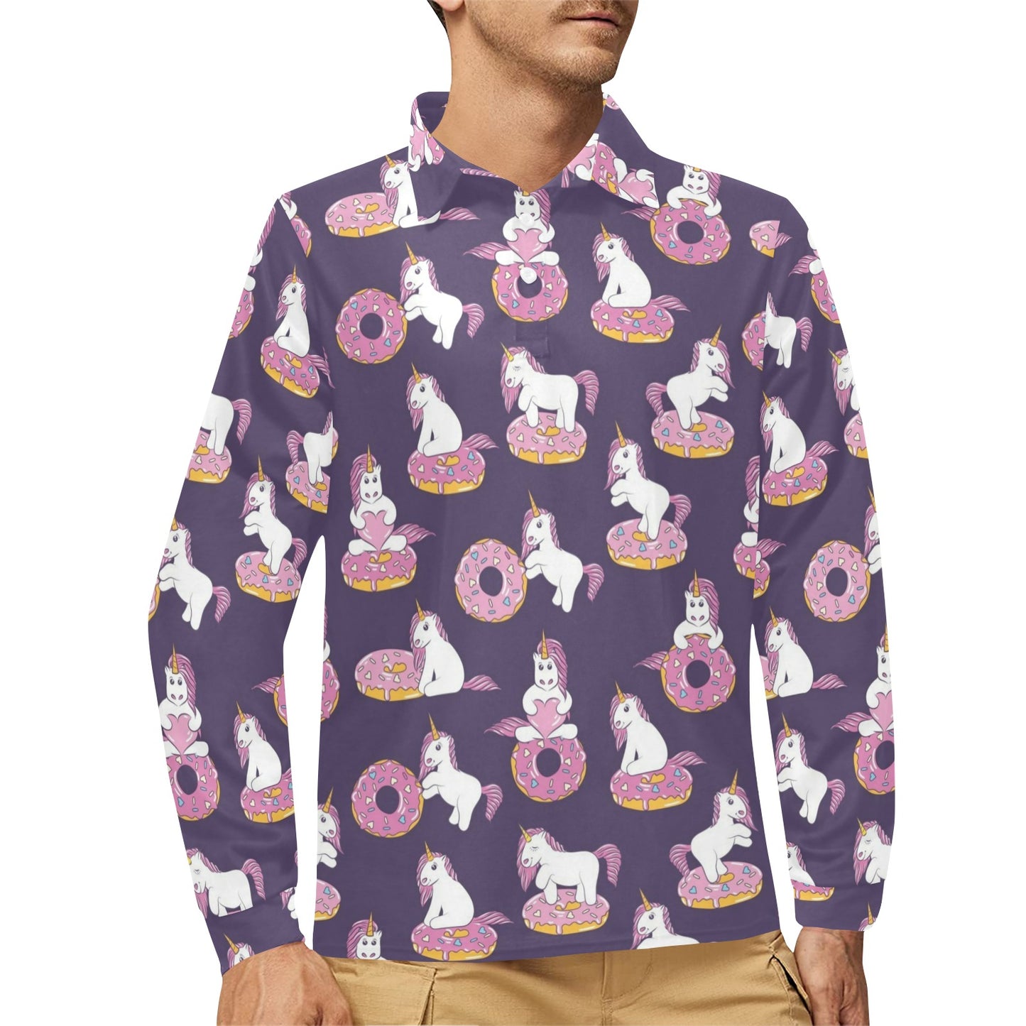 Donut Unicorn Pattern Print Design DN011 Long Sleeve Polo Shirt For Men's