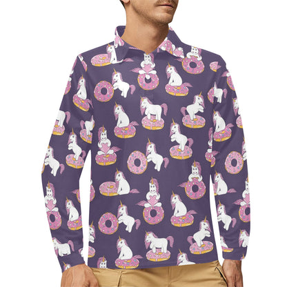 Donut Unicorn Pattern Print Design DN011 Long Sleeve Polo Shirt For Men's