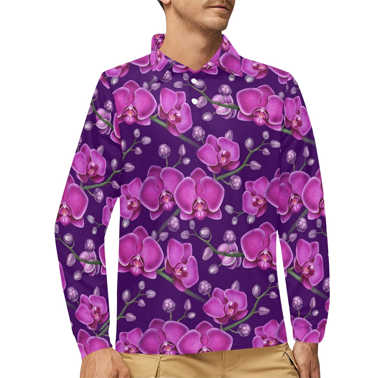 Orchid Pattern Print Design A03 Long Sleeve Polo Shirt For Men's