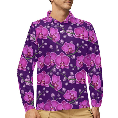 Orchid Pattern Print Design A03 Long Sleeve Polo Shirt For Men's