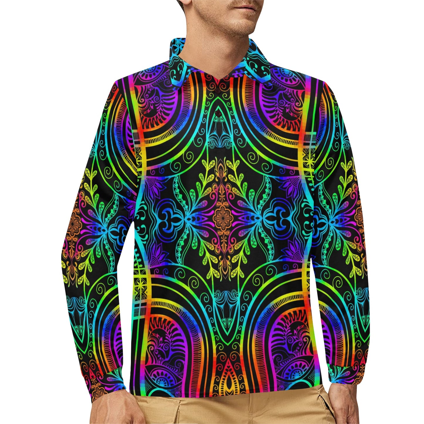 Neon Trible Rainbow Pattern Print Design A01 Long Sleeve Polo Shirt For Men's