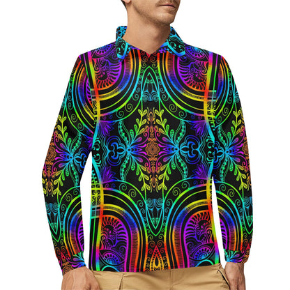 Neon Trible Rainbow Pattern Print Design A01 Long Sleeve Polo Shirt For Men's