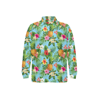 Pineapple Hawaiian flower Tropical Long Sleeve Polo Shirt For Men's