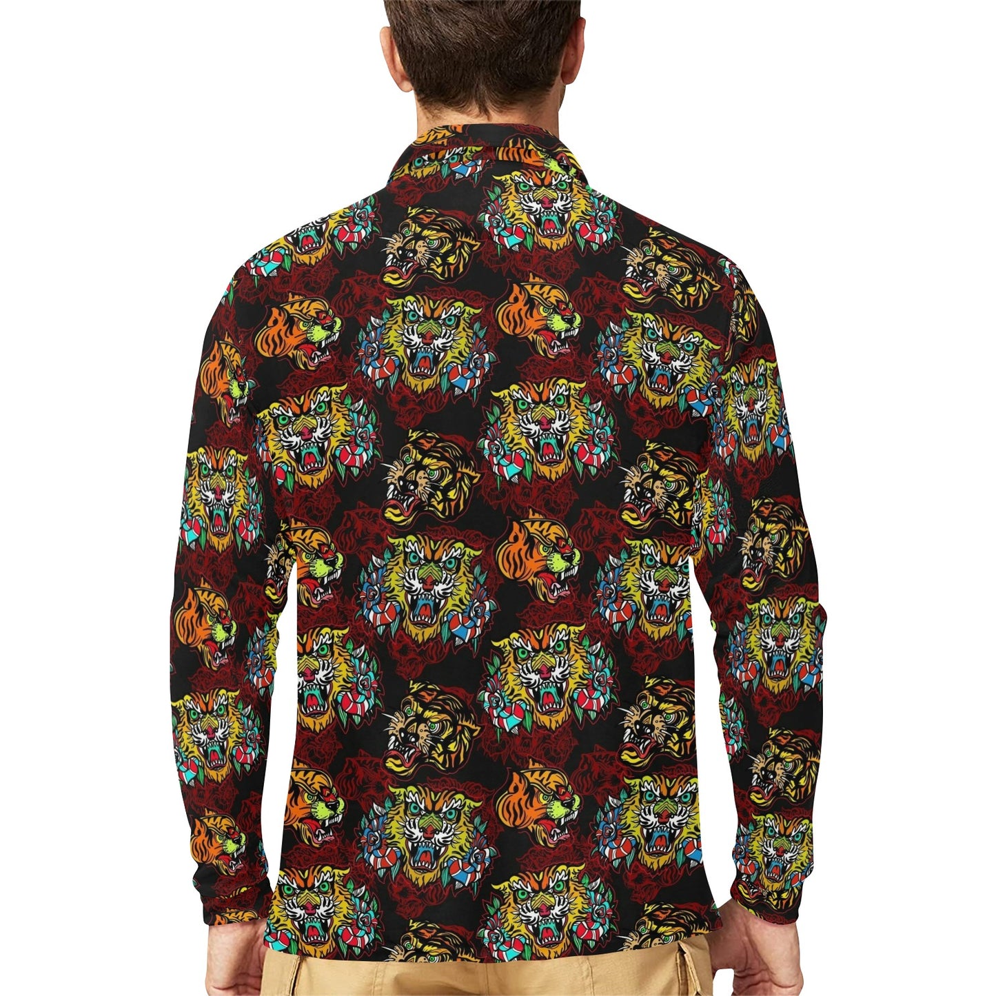 Tattoo Tiger Colorful Design Long Sleeve Polo Shirt For Men's