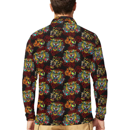 Tattoo Tiger Colorful Design Long Sleeve Polo Shirt For Men's